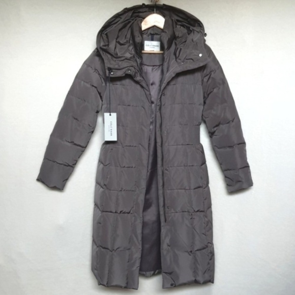 NWT Cole Haan Long Quilted Puffer Coat‎ Hooded Feather Down Womens XS